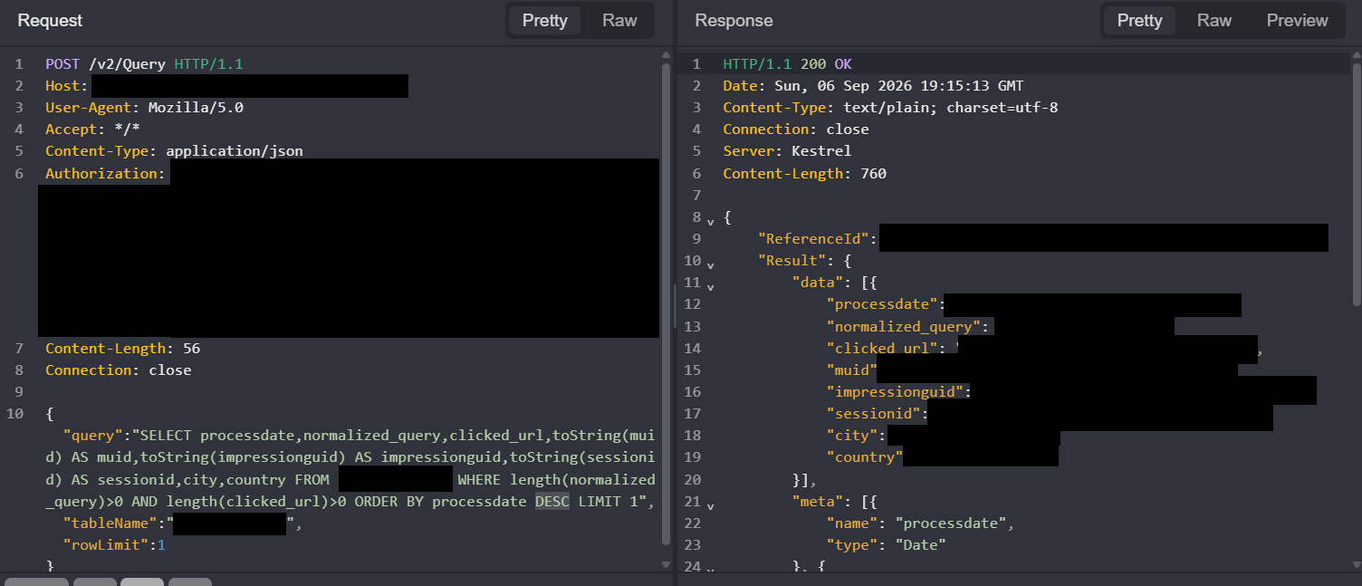 Faav a réussi à interroger une base analytique de Bing depuis l’API de Titan. La réponse renvoie ici une recherche, le lien cliqué, plusieurs identifiants techniques et des informations de localisation, dont les valeurs sensibles ont été masquées. © Faav