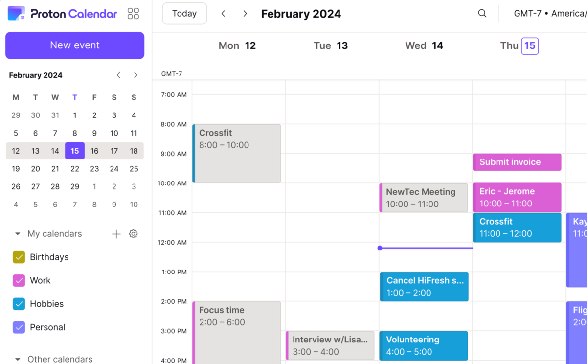 Vue hebdomaire de Proton Calendar ©Proton