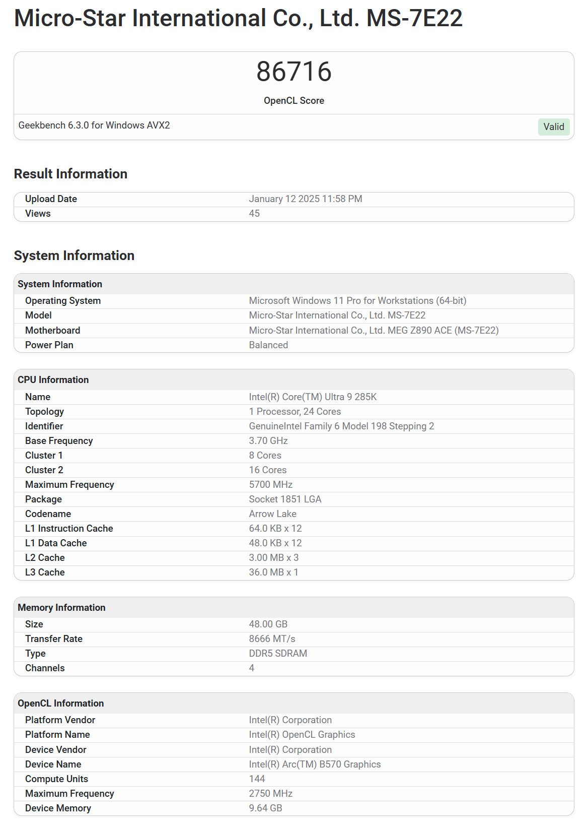 Performances d'un Arc B570 signée MSI sur Geekbench © VideoCardz