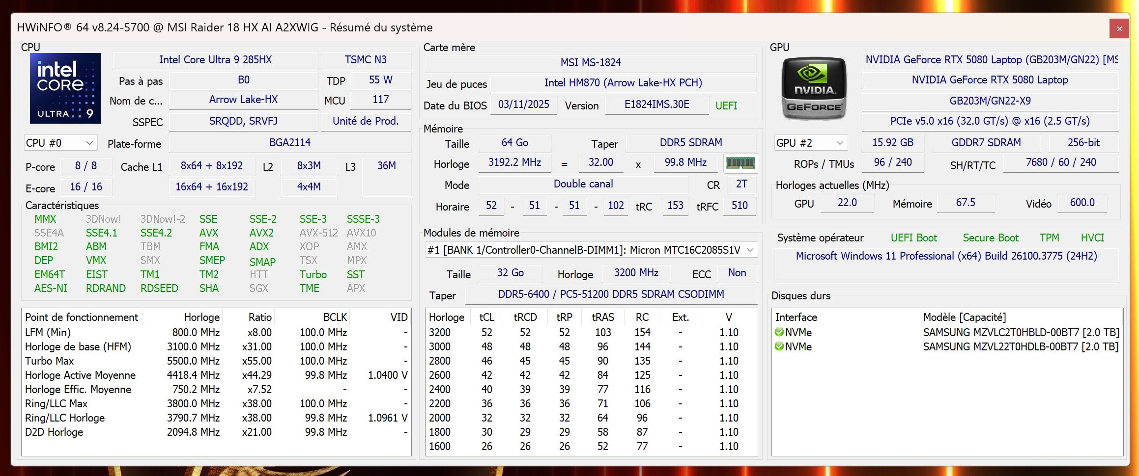 Les spécifications complètes du PC servant de base à nos tests. © Clubic