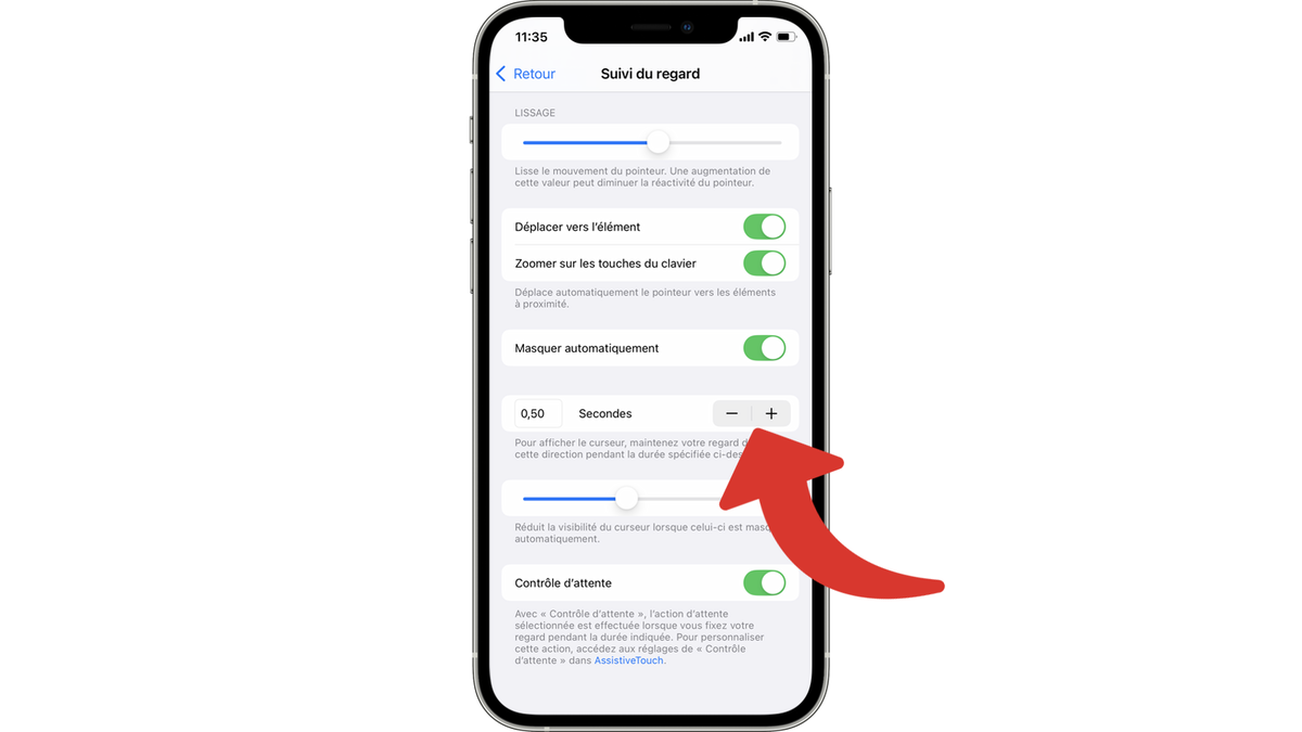 Définir le délai avant que le curseur s'affiche lors du contrôle de votre iPhone avec les yeux © Clubic