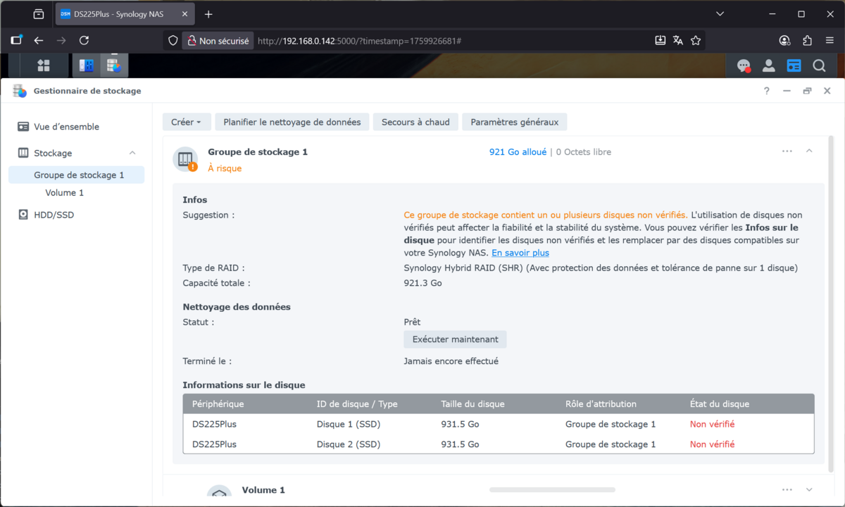 Nos deux SSD 2.5 pouces de test apparaissent « non vérifiés » sur DSM 7.2... ©Nerces pour Clubic