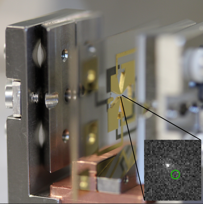  L’horloge du NIST, vue de l’intérieur. L’encadré montre les deux ions piégés : le magnésium, visible, et l’aluminium, invisible à la caméra car mesuré uniquement par une technique quantique indirecte. © NSIT