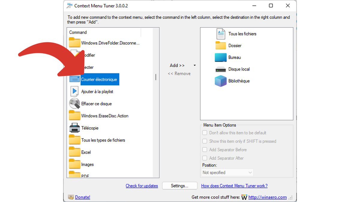 Choisir une option à ajouter au clic droit de Windows 10 ou 11 © Clubic