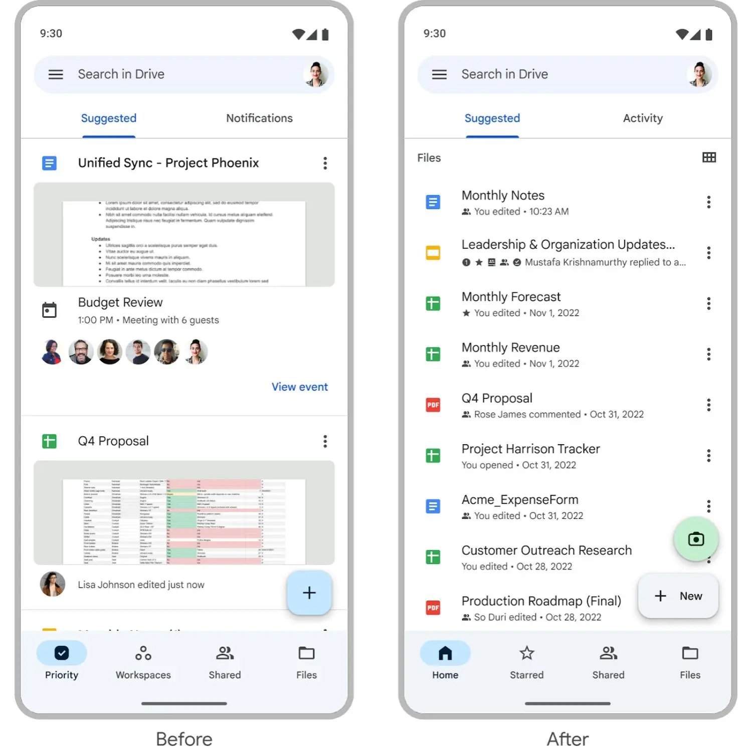 À gauche, l'ancienne version de Google Drive. À droite, la nouvelle version © 9to5Google
