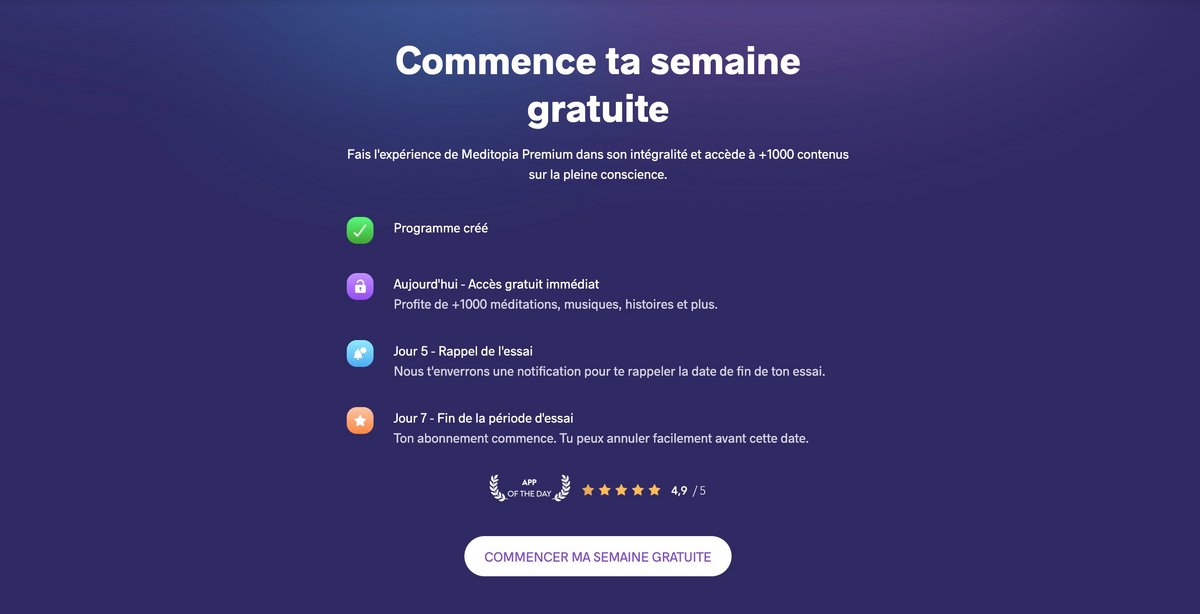 Testez l'outil lors d'un essai gratuit de 7 jours © Meditopia