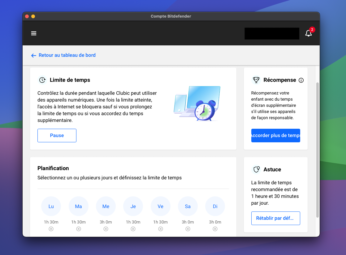 Le contrôle parental de Bitdefender offre des options flexibles qui permettent d'accompagner l'enfant plutôt que de le brider © Clubic