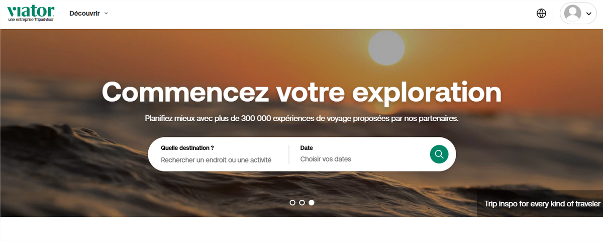 Page d’accueil de Viator invitant à rechercher des expériences de voyage - © Viator