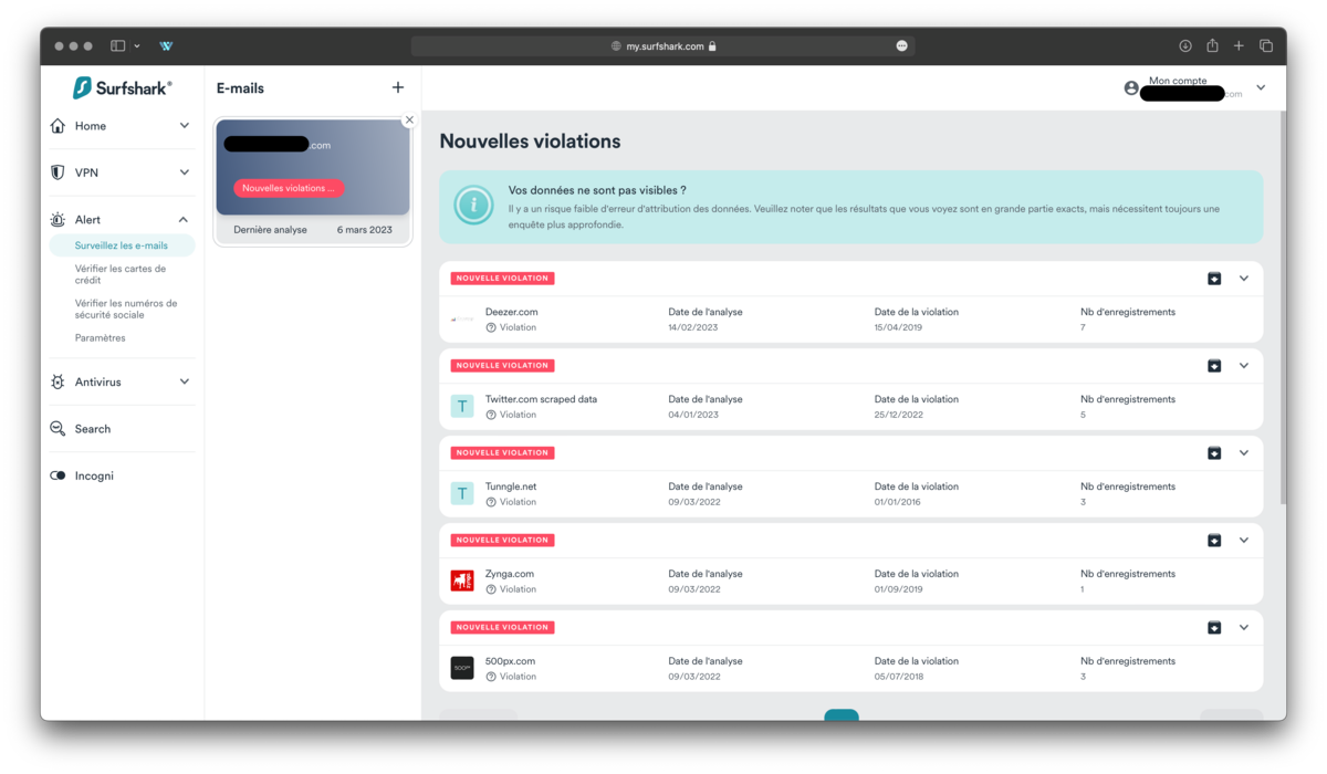 Surfshark One - Alert génère des rapports de violation de données détaillés