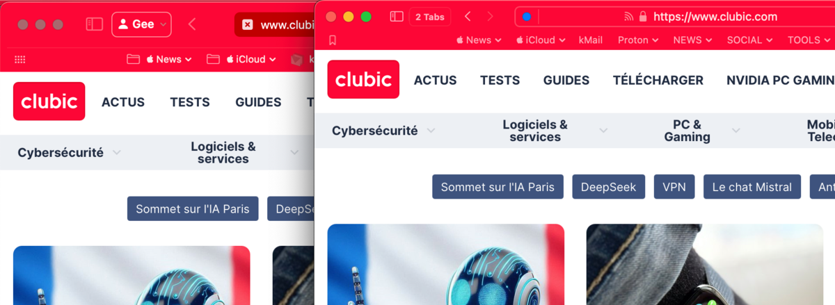 Gauche : Safari, compact - Droite : Orion - le mode Mini Toolbar