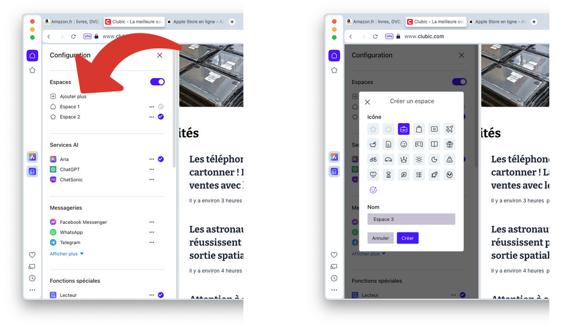 Créer un espace avec son icône et son nom © Clubic