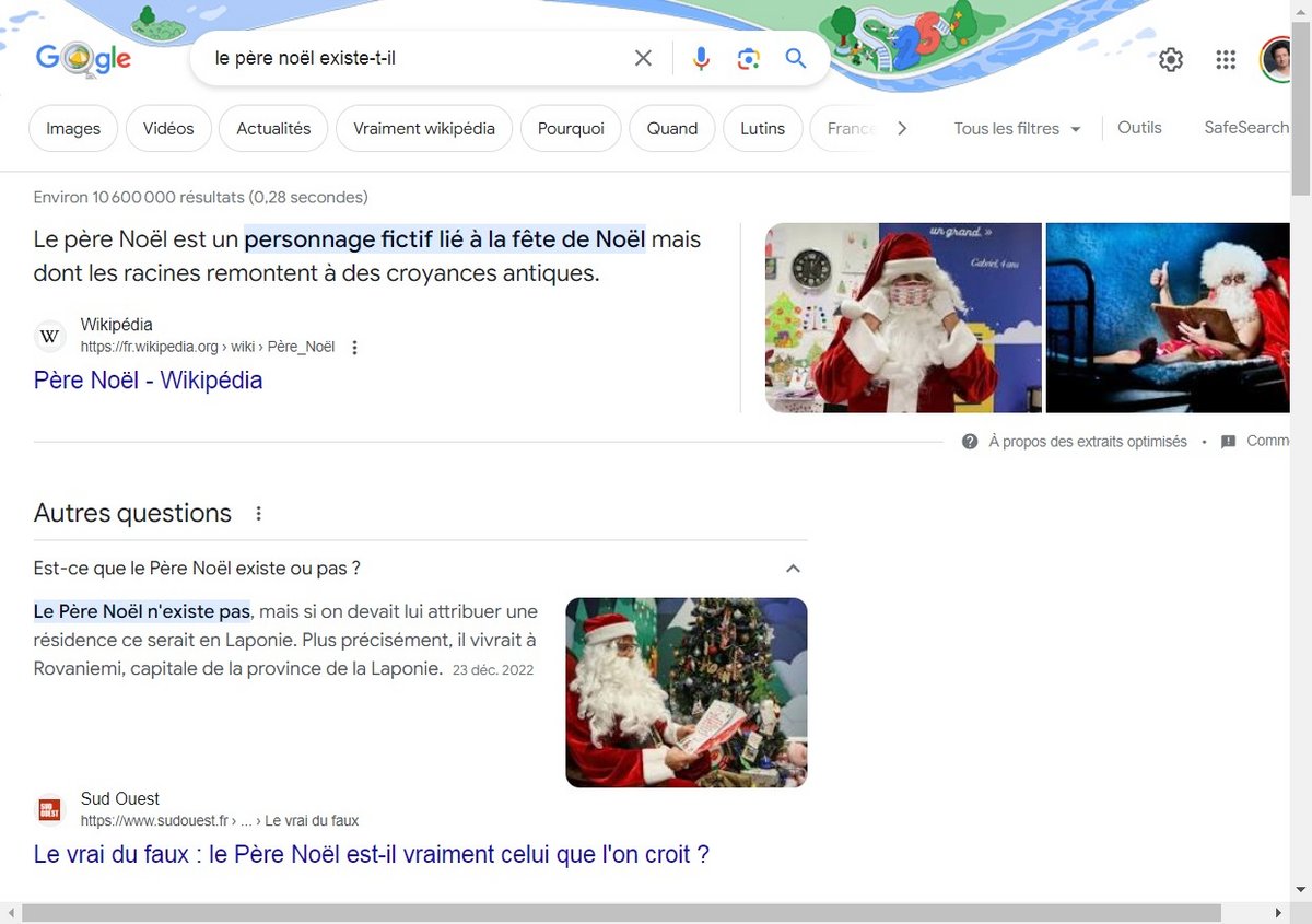 La réponse de Google à la question "le Père Noël existe-t-il ?" © Capture d'écran Clubic