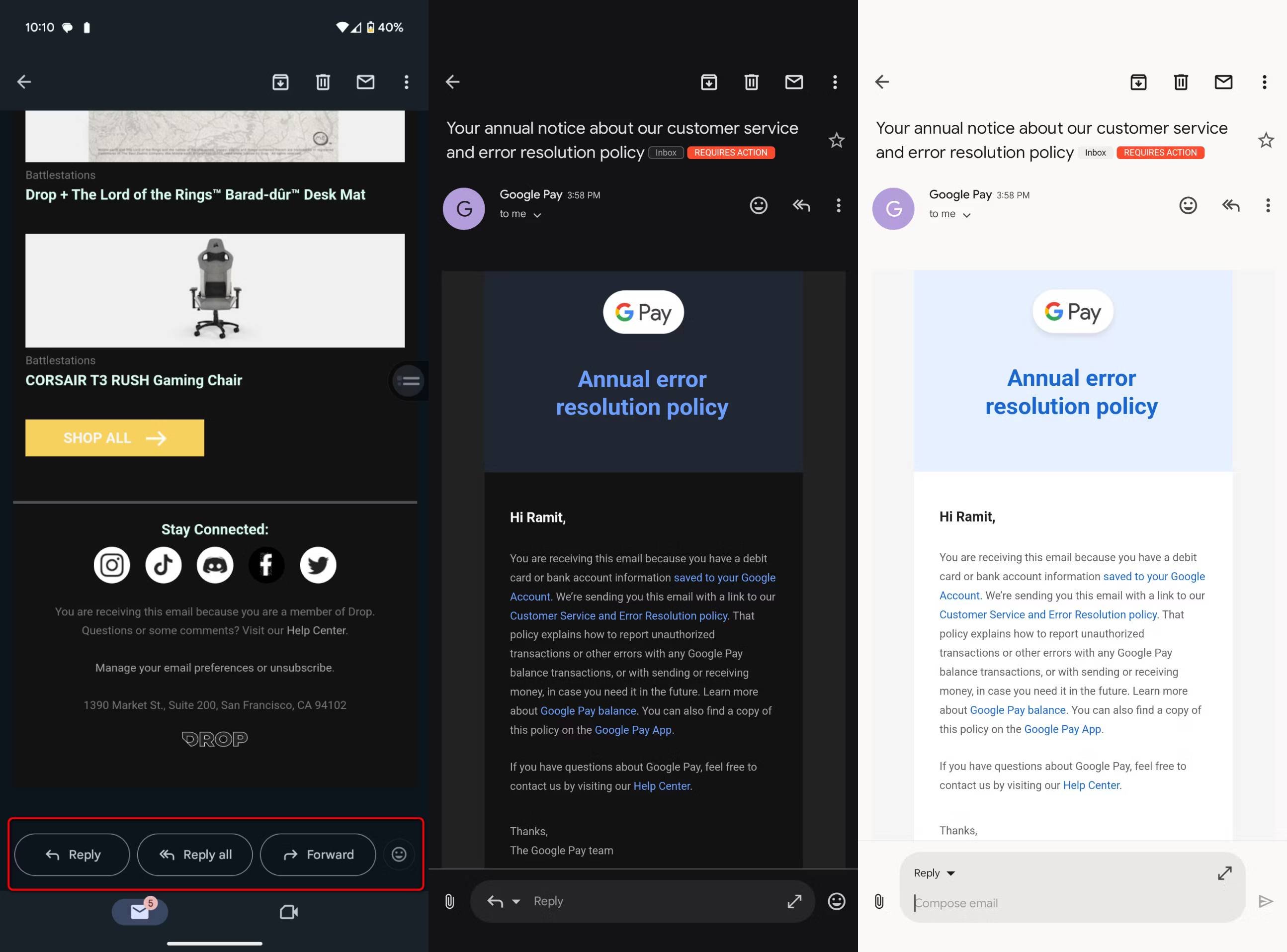 À gauche l'interface traditionnelle, à droite l'expérimentation menée par Google © Android Police