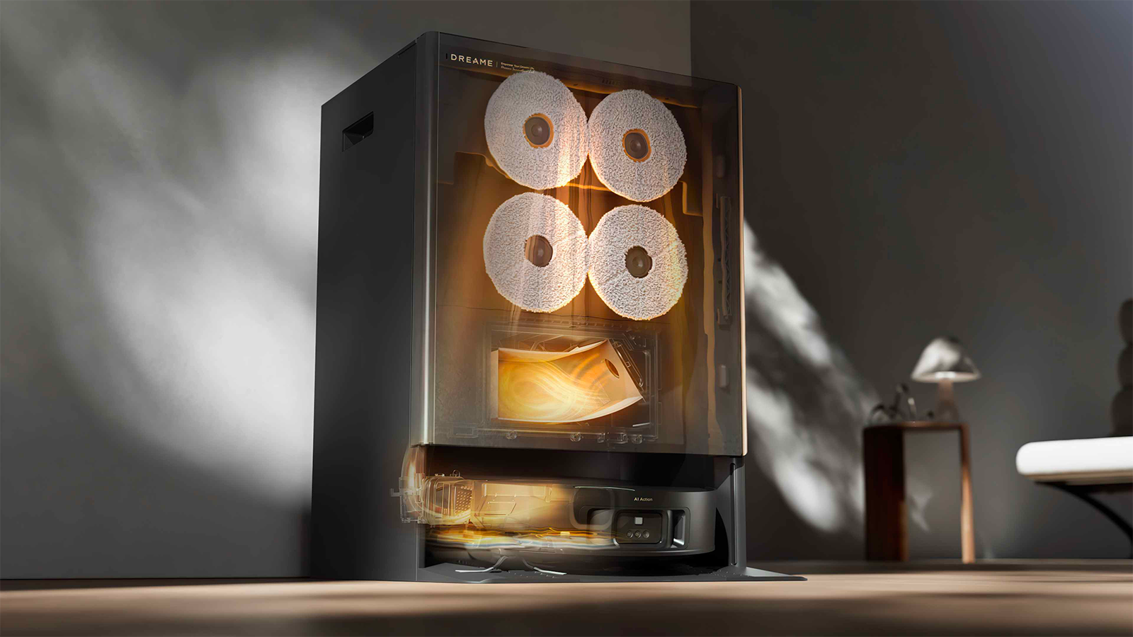 La station Multi-Mop Switching Dock adapte automatiquement serpillières et produits de nettoyage selon les pièces et le profil du foyer. ©Dreame