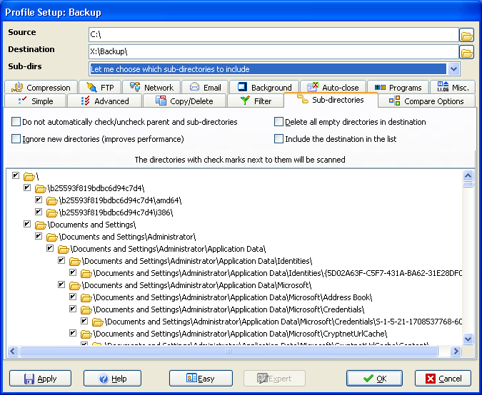 Sélection des dossiers à sauvegarder dans SyncBack avec options avancées : compression, réseau, filtres et sous-dossiers. - © SyncBack