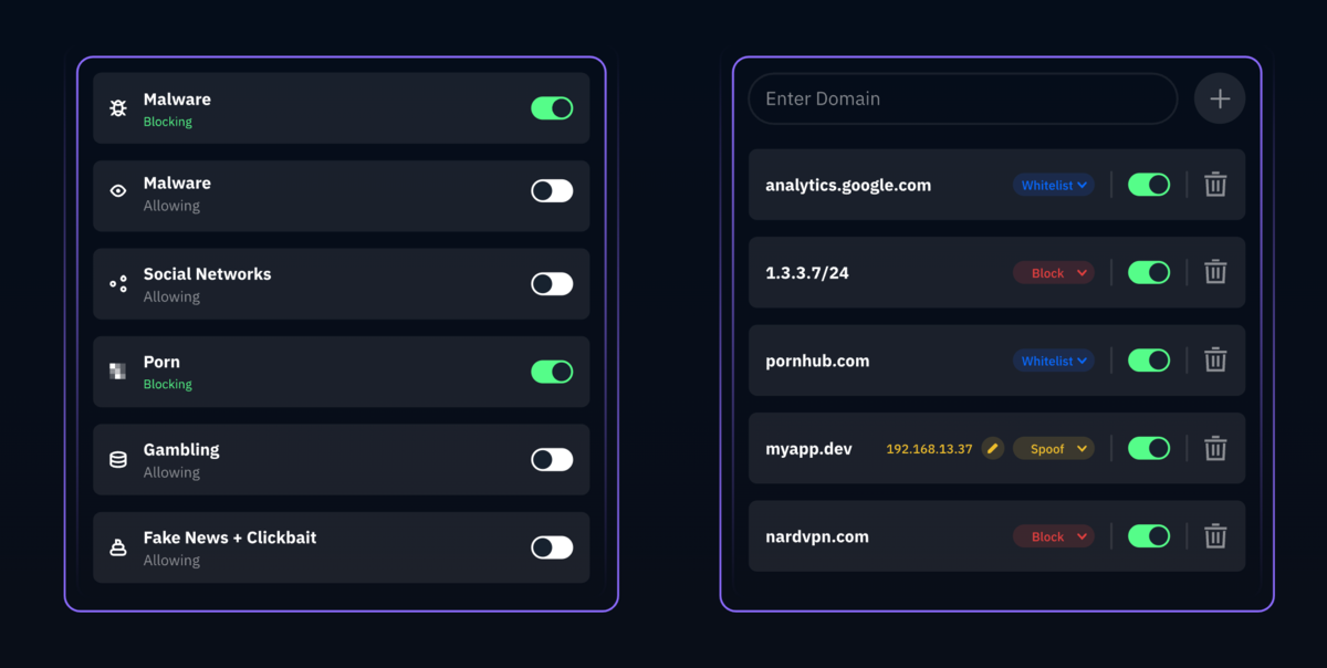 Personnalisez votre protection avec R.O.B.E.R.T. de Windscribe : activez des filtres ou créez vos listes pour bloquer malwares et traqueurs, assurant une navigation plus sûre et maîtrisée. © Windscribe