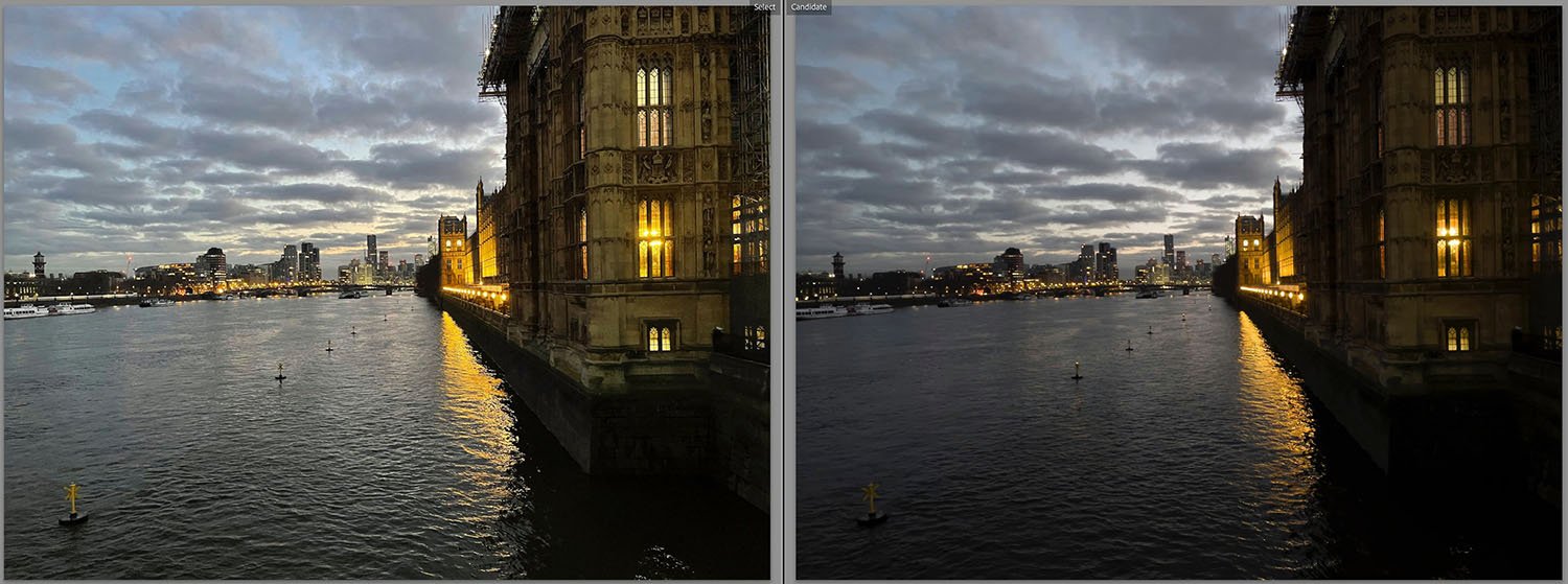 À gauche un fichier HEIF (déjà traité), à droite un ProRAW non traité © 9to5Mac