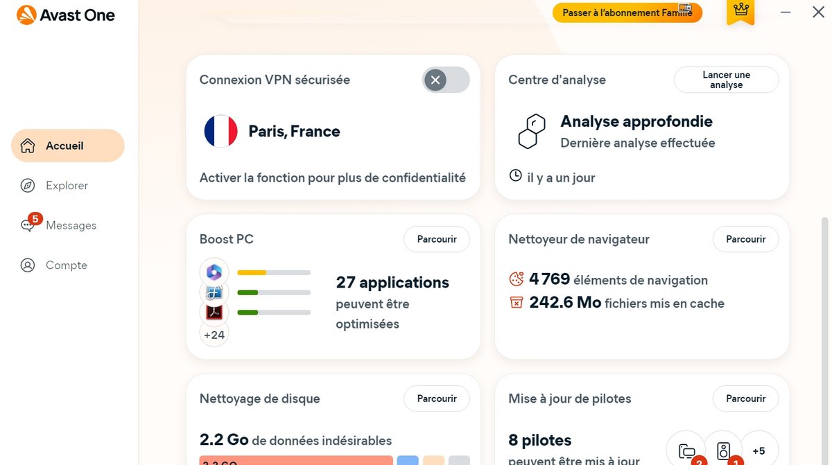 Avast One - Tableau de bord