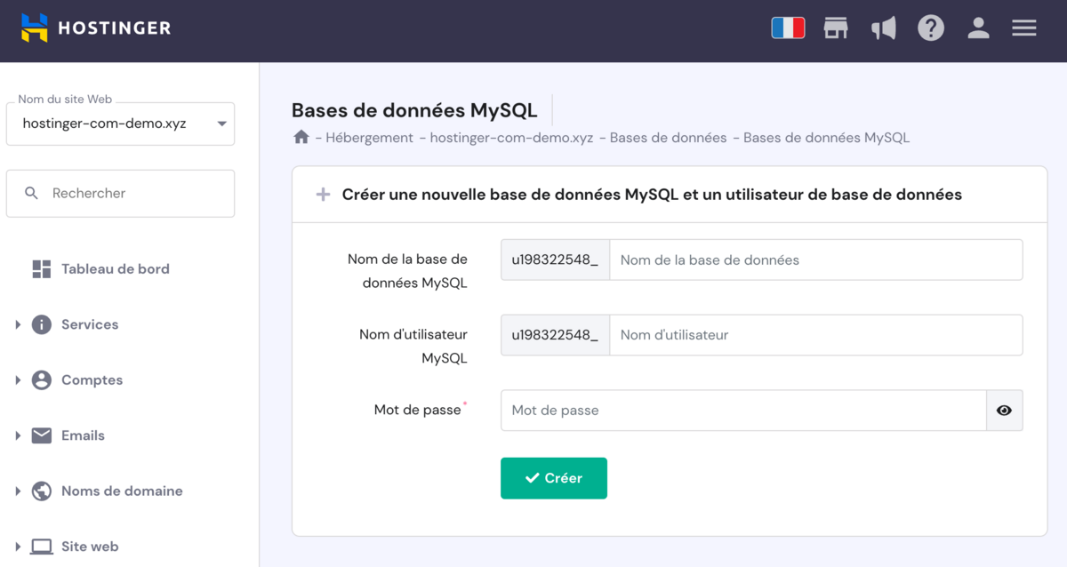 Création de base de données - Hostinger