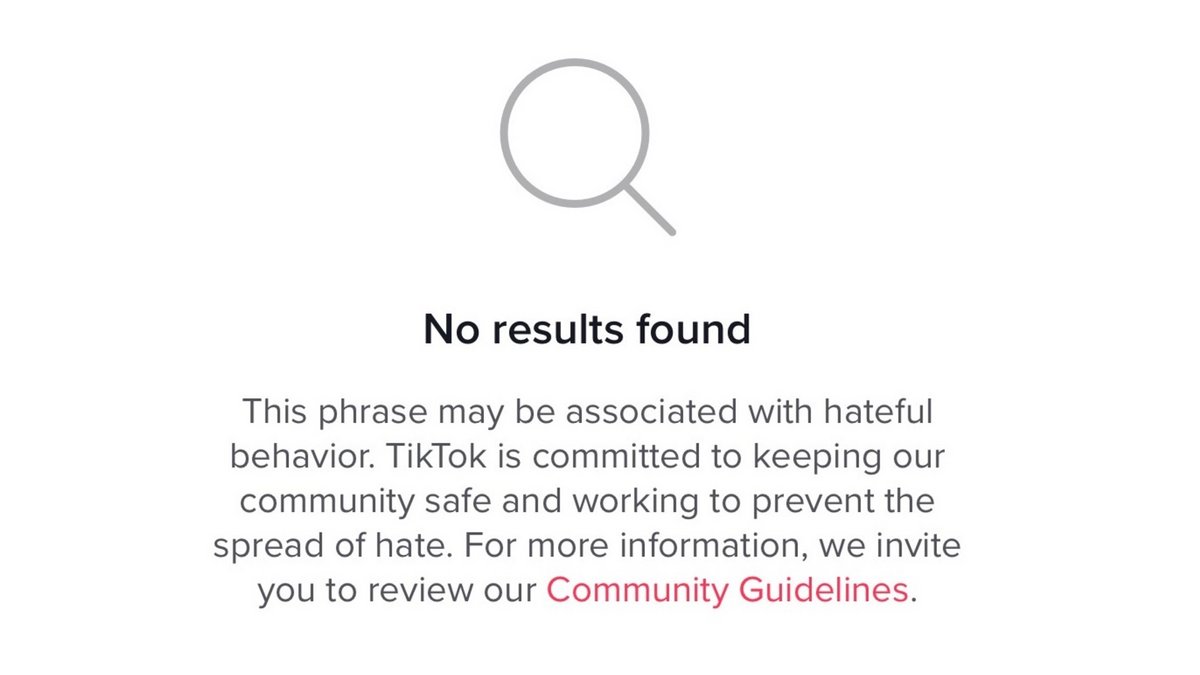 Voici le message que l'utilisateur trouvera sur sa route s'il recherche un contenu considéré comme haineux par TikTok