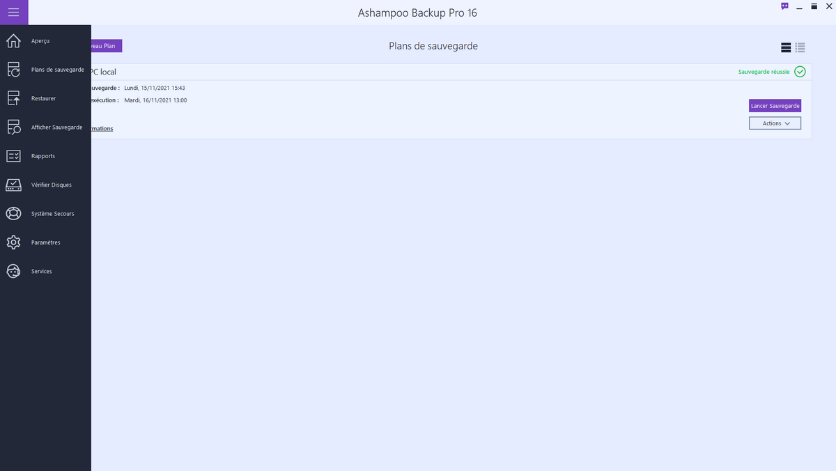 Tableau de bord Ashampoo Backup Pro 16