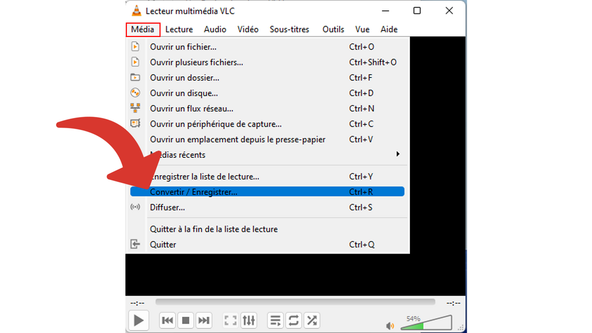 Accéder au menu pour convertir une vidéo dans VLC © Clubic