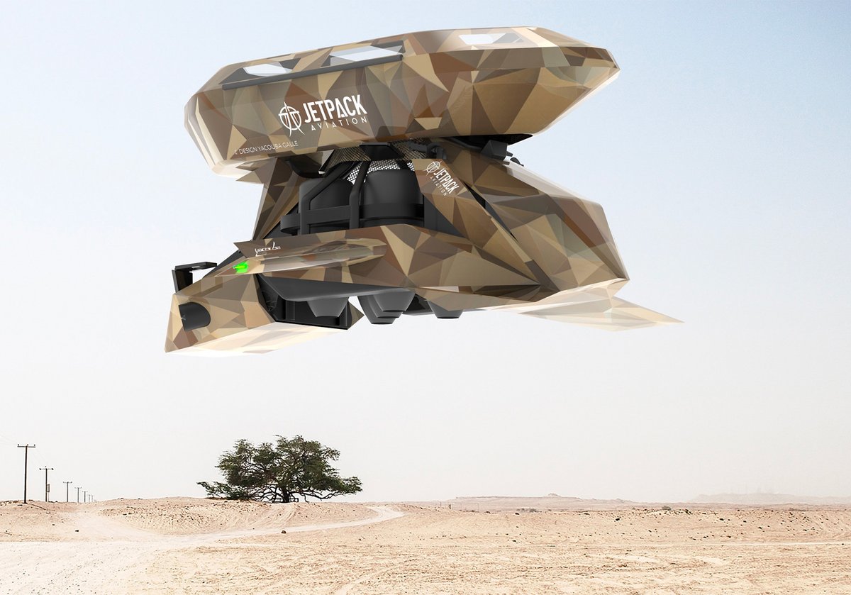 Le Speeder, en cours de développement par JPA, est disponible en version moto ou en version cargo, en mode drone. Ici, un version cargo équipée d'une civière et d'un camouflage militaire. © JPA