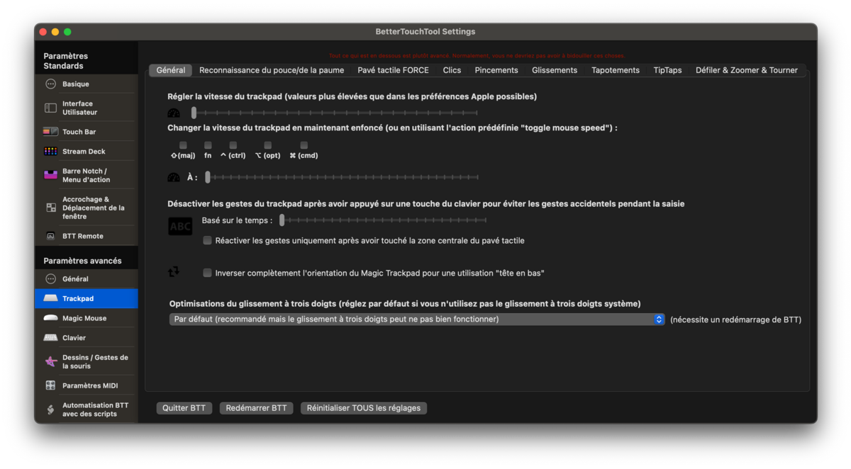 BetterTouch Tools - les paramètres du trackpad