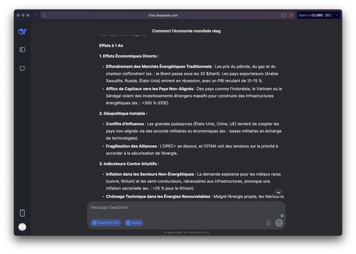 Réponse de DeepSeek à la question sur la découverte d'une source d'énergie infinie. © Naïm BADA pour Clubic