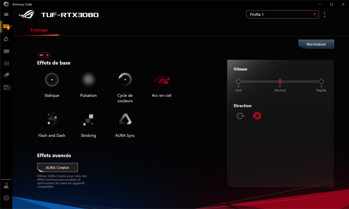 Armoury Crate se limite pour l'heure aux réglages d'illumination du logo © Nerces pour Clubic