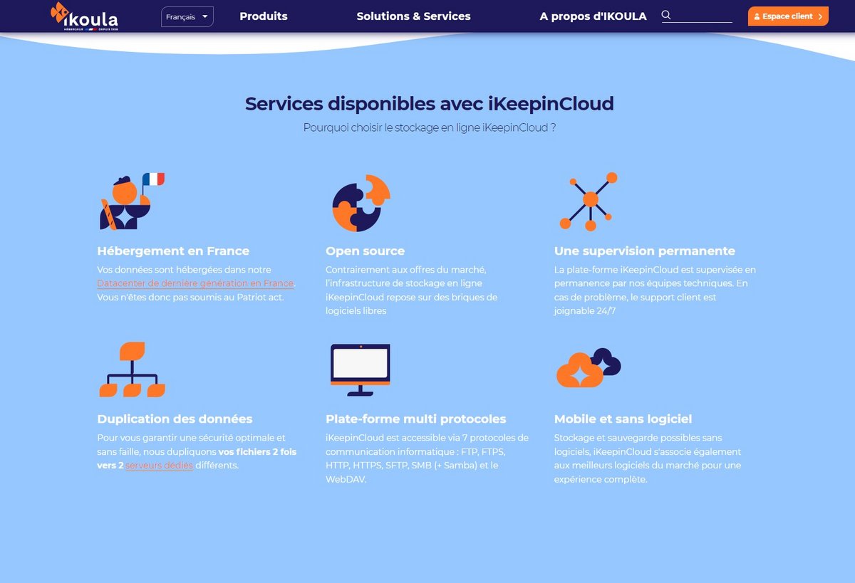 Services proposés par iKeepinCloud, solution de stockage web d'Ikoula