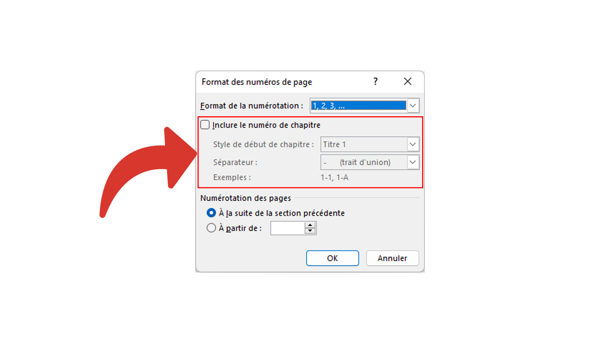 Choisir d'inclure ou non le numéro du chapitre de la page en cours dans la numérotation © Clubic