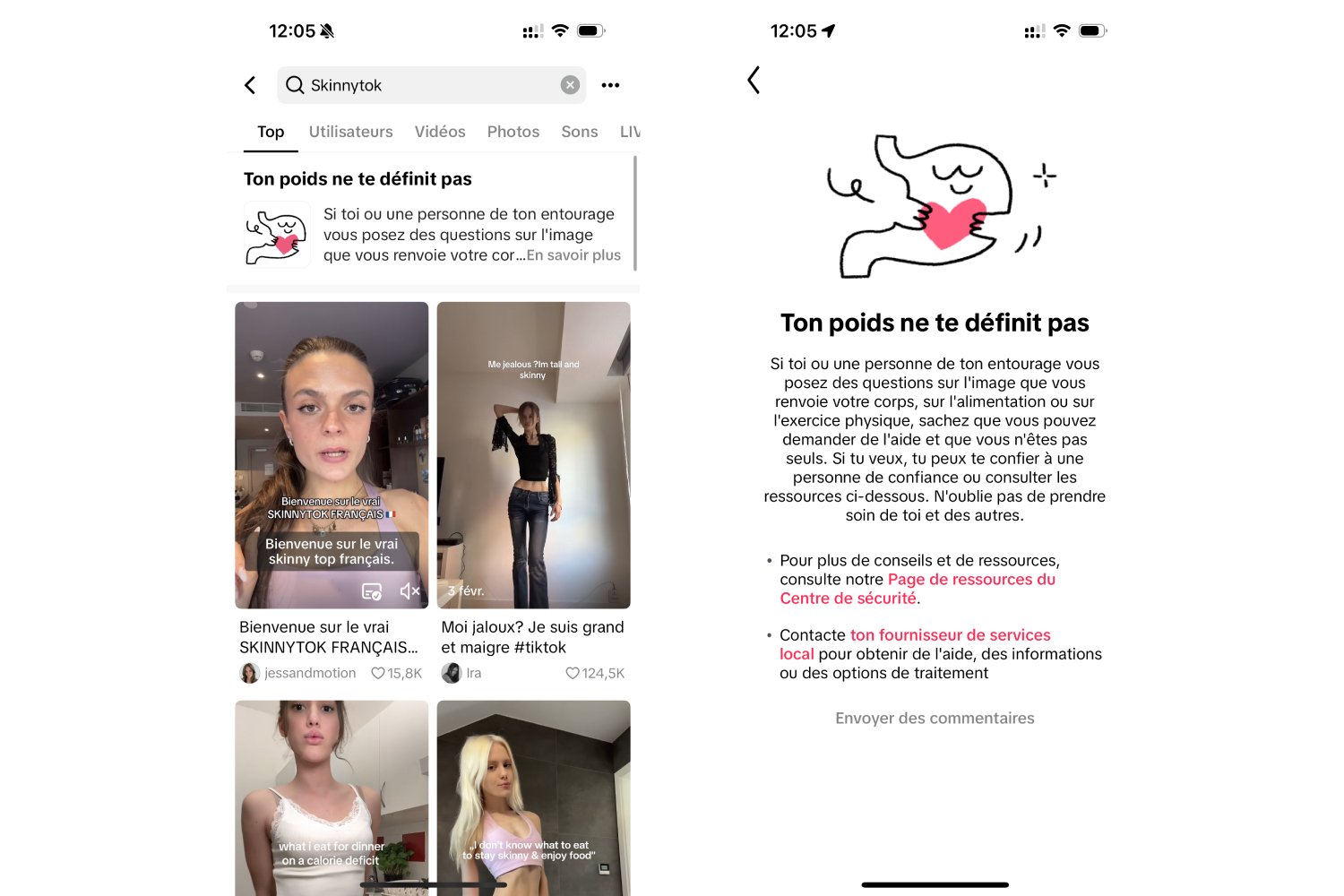 TikTok ne supprime pas le contenu, mais fait apparaître un message de prévention sous le hashtag. ©Capture d'écran Clubic