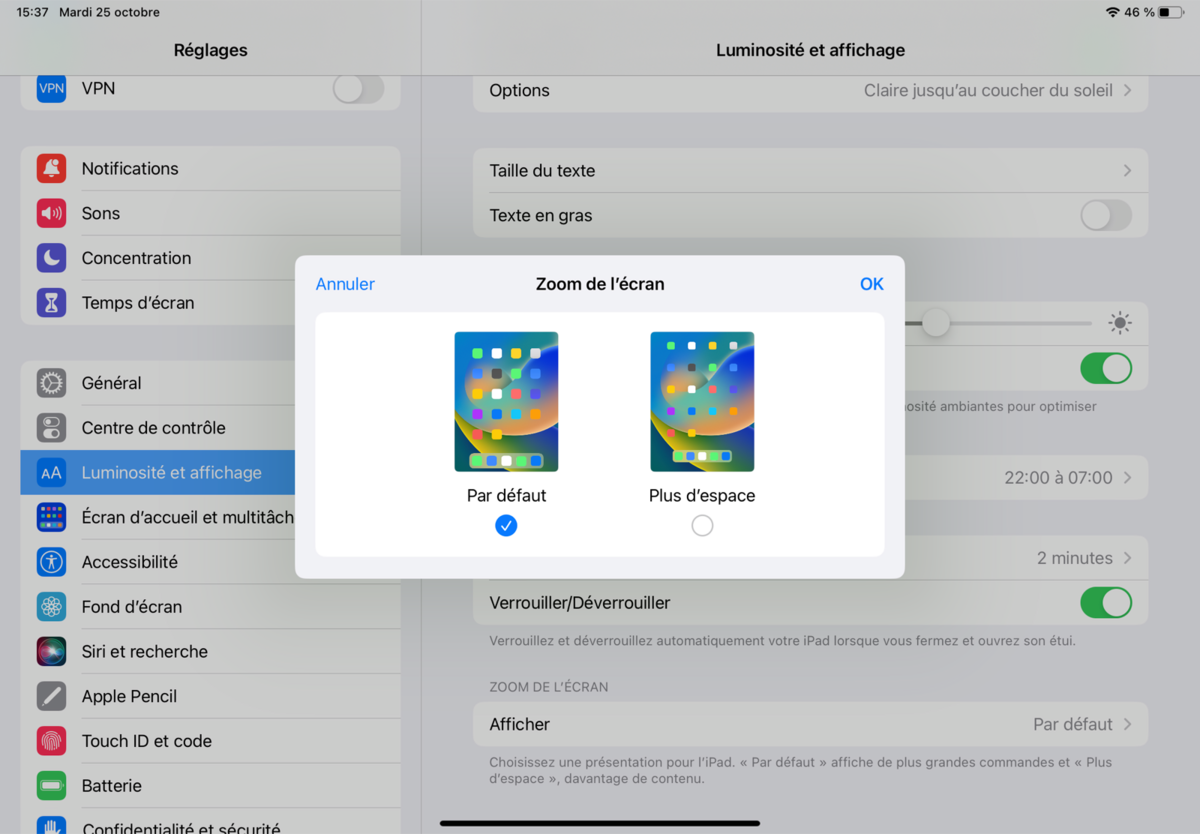 iPadOS 16 Affichage écran