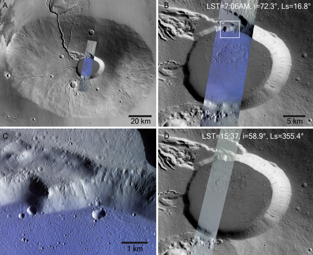 Les relevés du satellite ExoMars TGO ont beaucoup aidé pour cette détection de givre au sein des calderas des volcans Martiens. ©ESA/TGO/CaSSIS CC-BY-SA 3.0