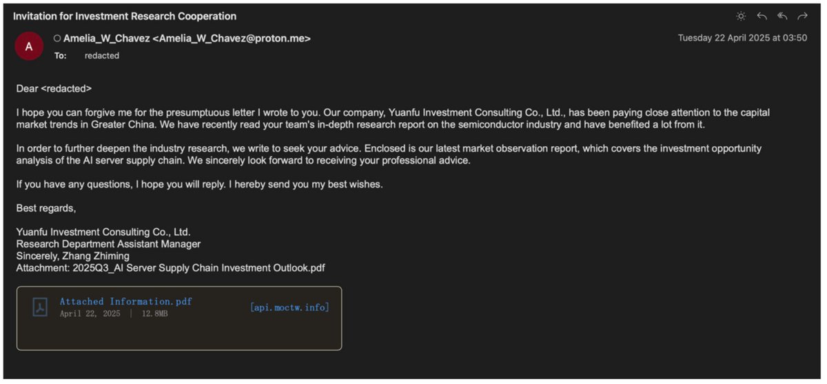 Exemple d'e-mail de phishing de collaboration en recherche d'investissement UNK_DropPitch © Proofpoint