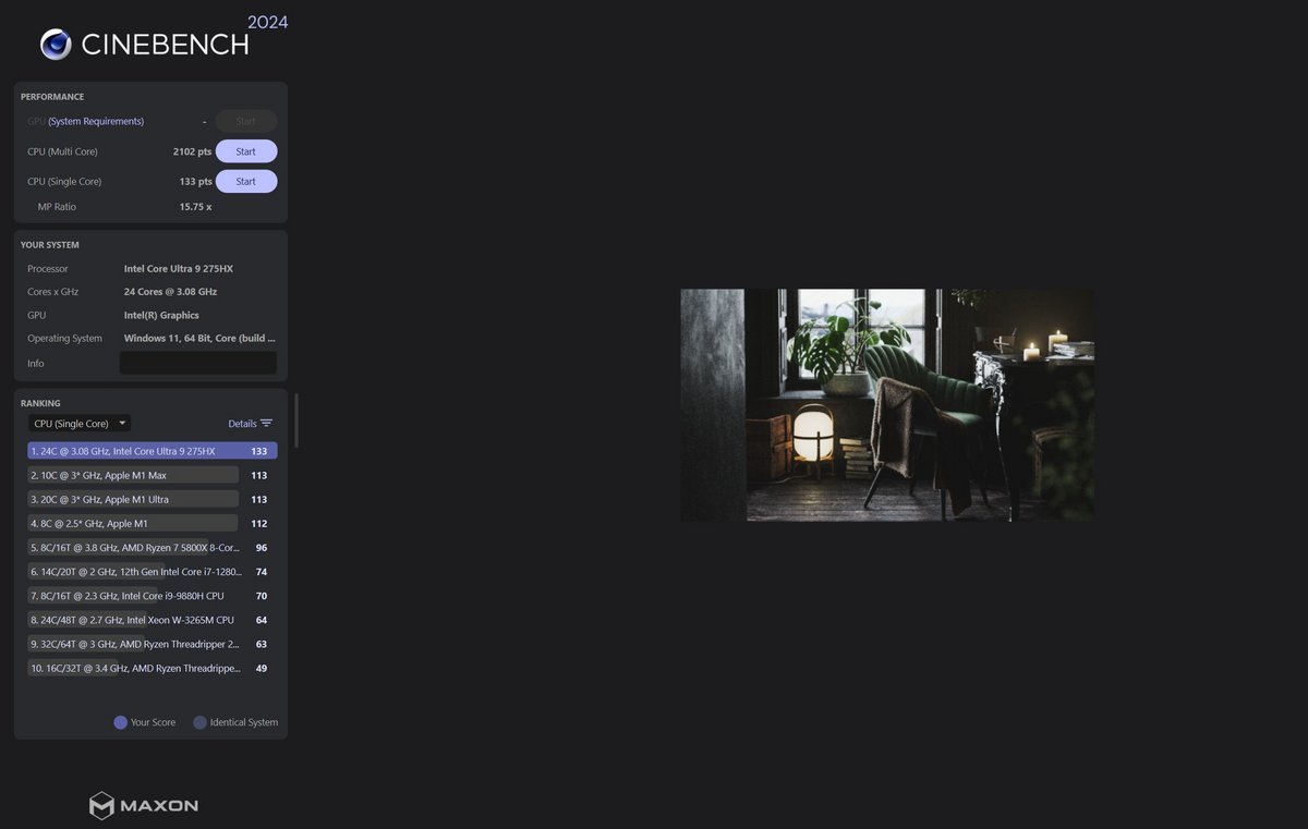 Cinebench pousse dans ses retranchements le processeur Intel Core Ultra 9. ©Nathan Le Gohlisse pour Clubic