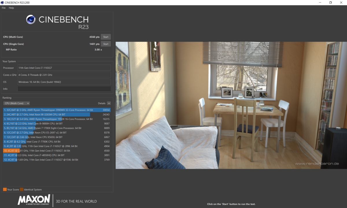 Cinebench R23 : 4560 points (CPU Multi core)