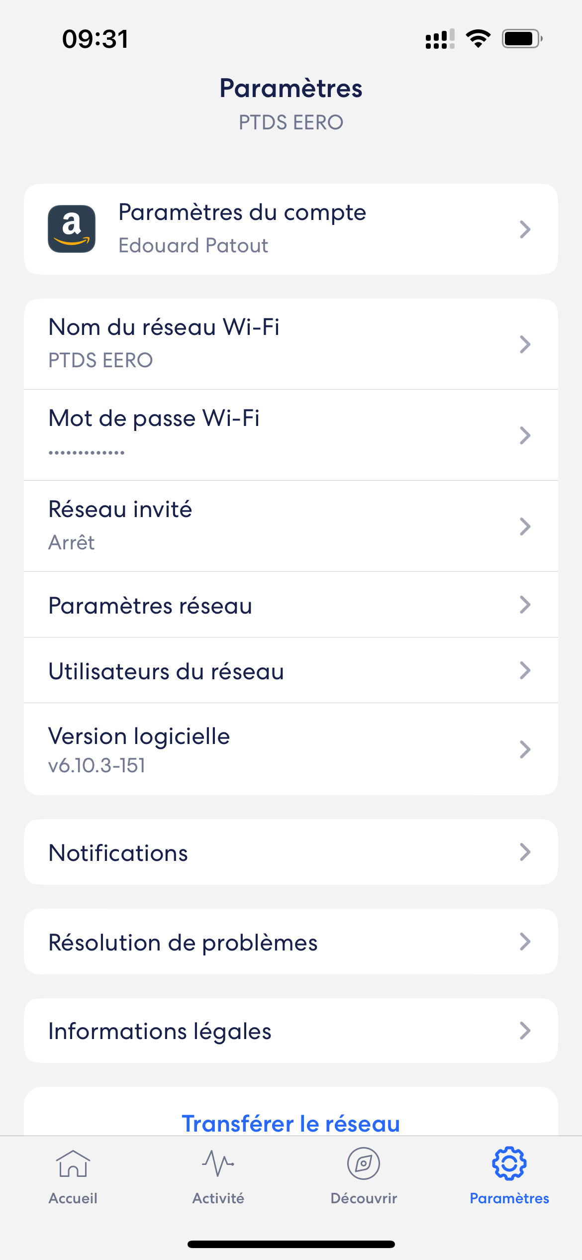Eero Pro 6E Wi-Fi appli paramètres