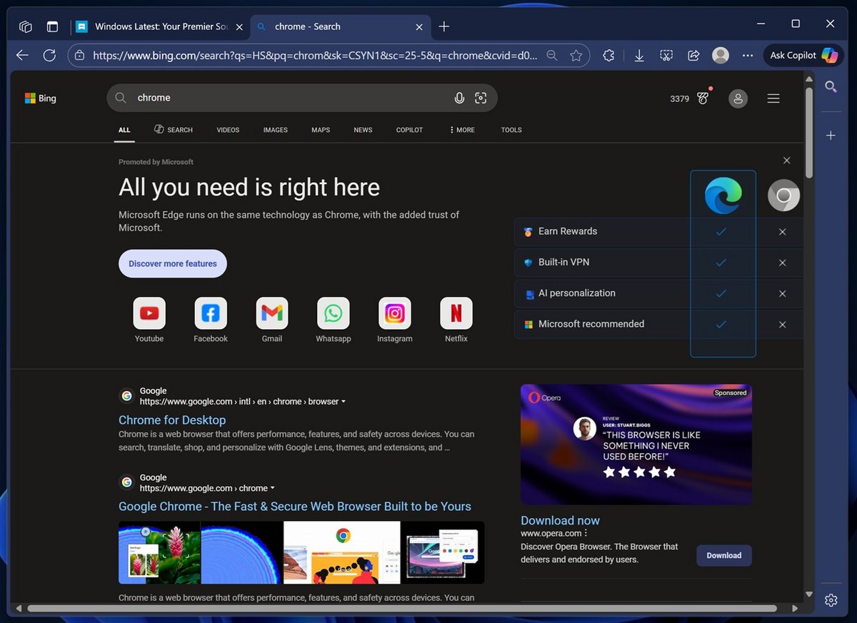 Une campagne publicitaire plus agressive sur Bing ©Windows Latest