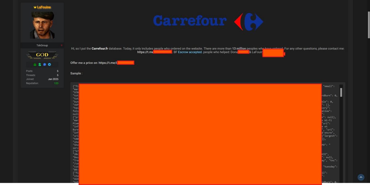 Capture d'écran de l'annonce du hacker de Carrefour  © Clubic