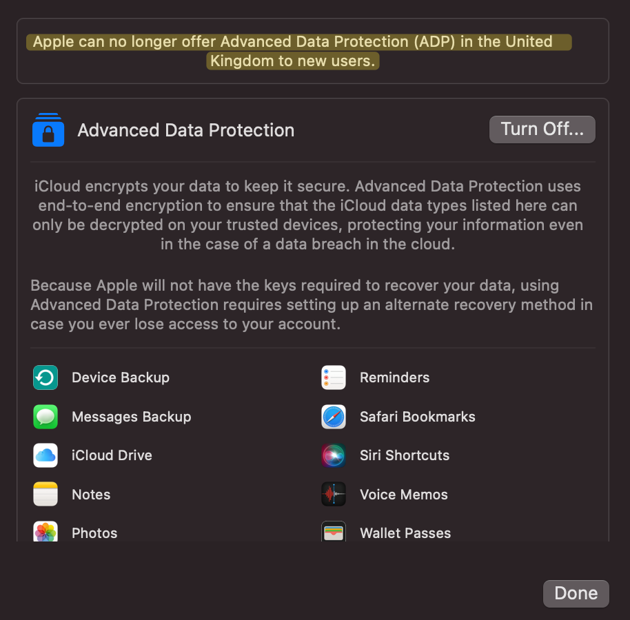 L'option de protection avancée des données sur macOS indisponible au RU - ©Macrumors