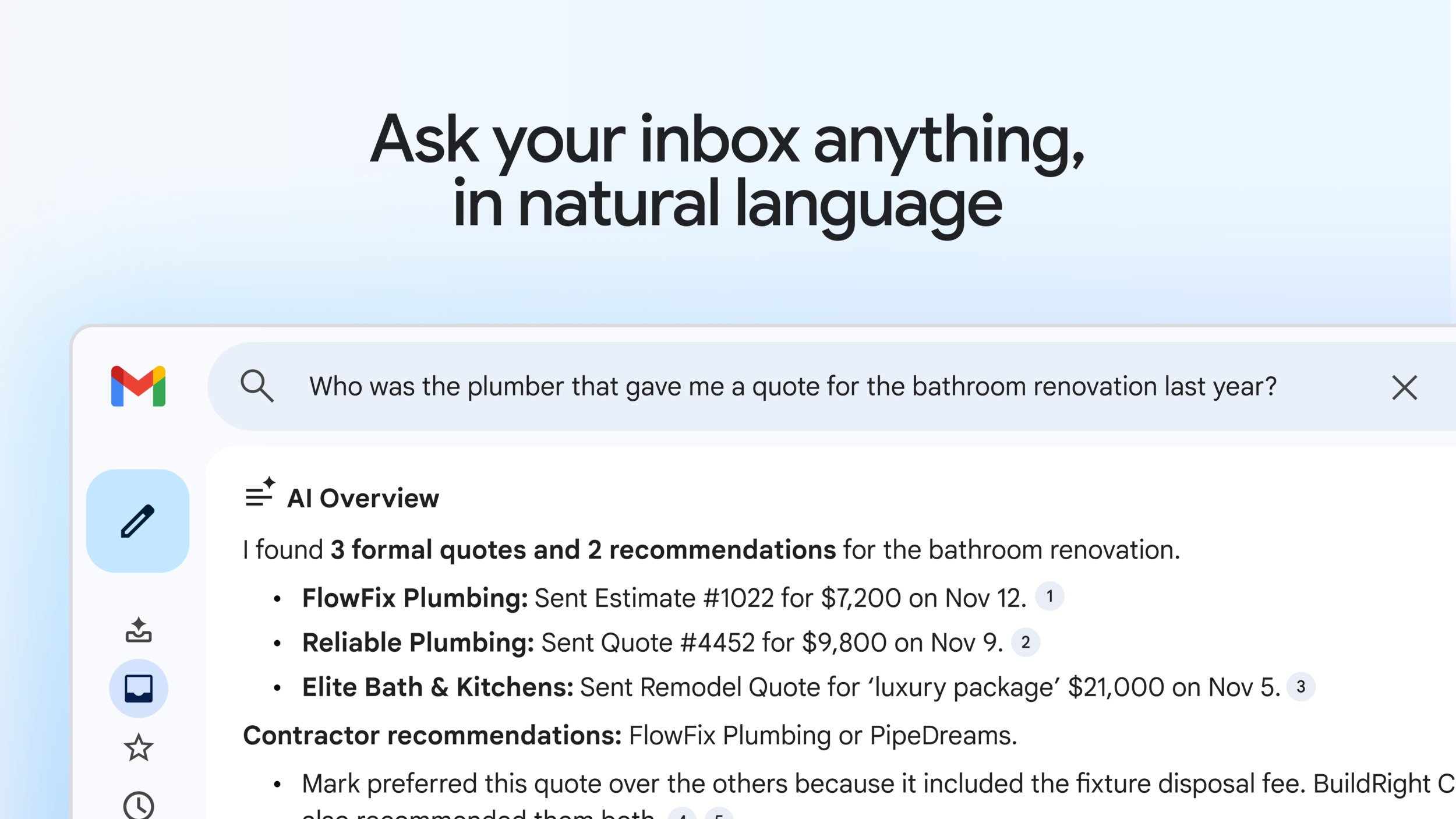 Un aperçu de Google AI Overview dans Gmail. © Google