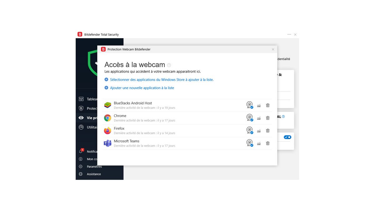 L'antivirus Bitdefender analyse les accès à la webcam