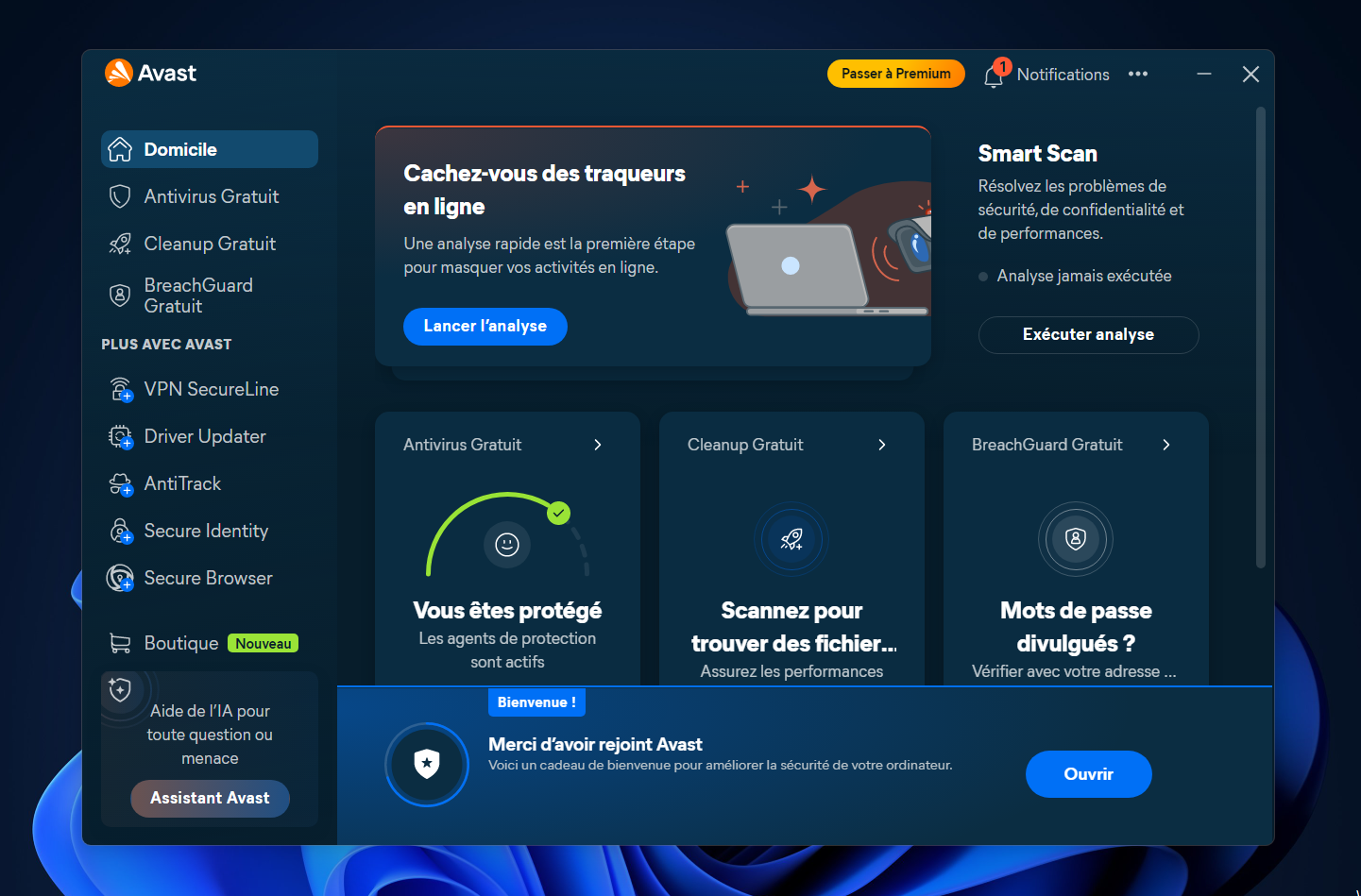 Avast One Free - Le tableau de bord. © Clubic