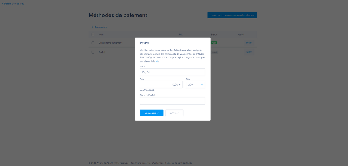 Édition de la méthode de paiement PayPal © Webnode