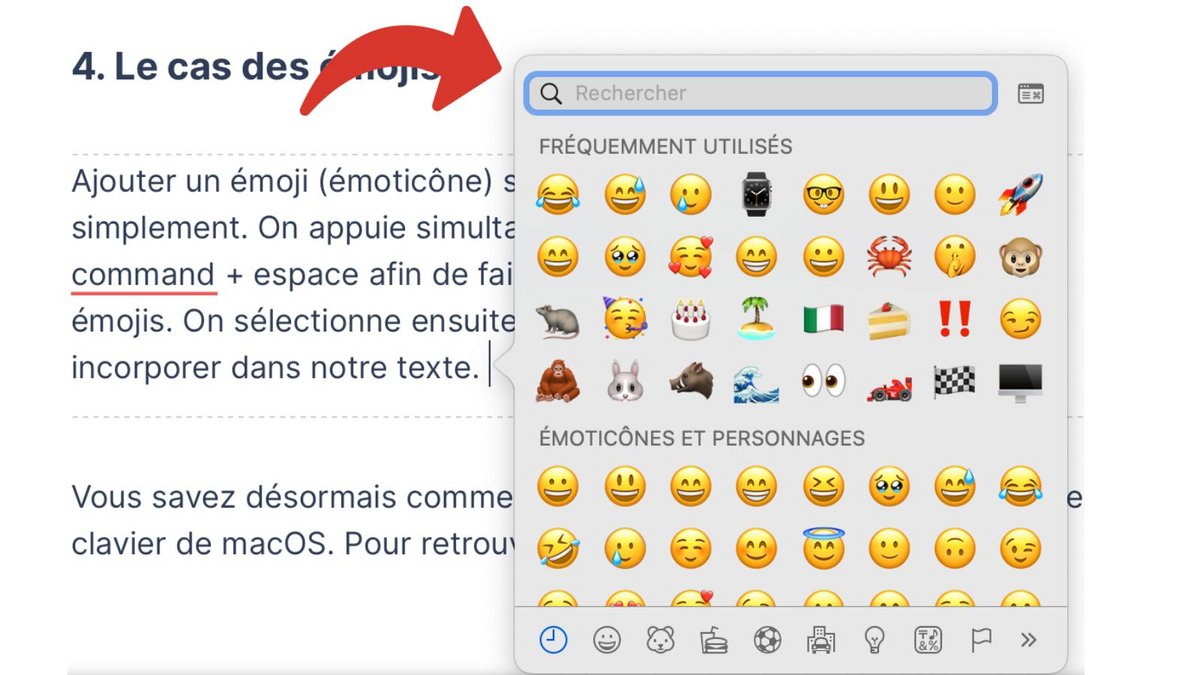 Volet des émojis sur macOS 