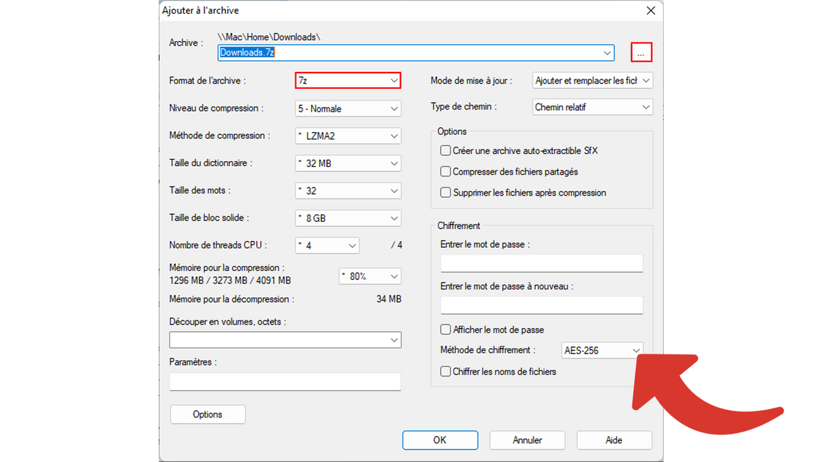 Définir le nom, l'emplacement, le format de cette nouvelle archive ainsi que son chiffrement © Clubic