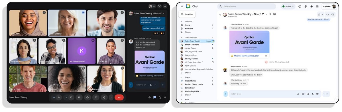 Les échanges Meet disponibles dans Google Chat. ©Google