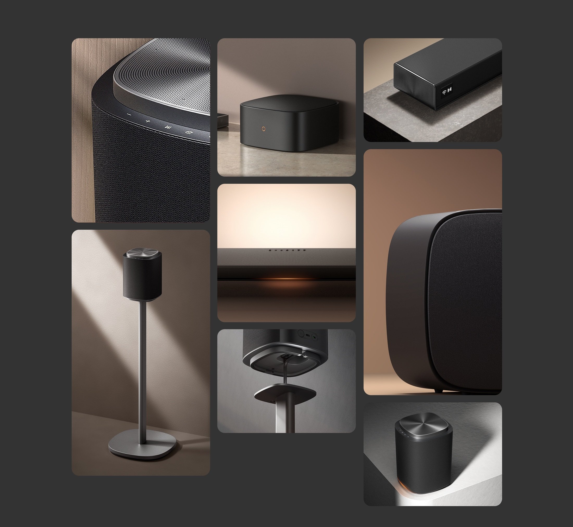 Le système est composé d'une barre de son H7, d'enceintes M7 et M5, et d'un caisson de basses W7. ©LG